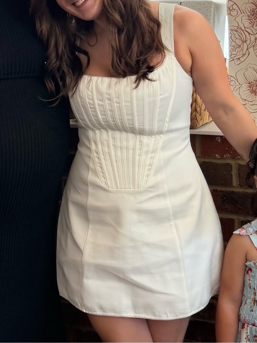 White Square-Neck Mini Dress with Pintuck Bodice